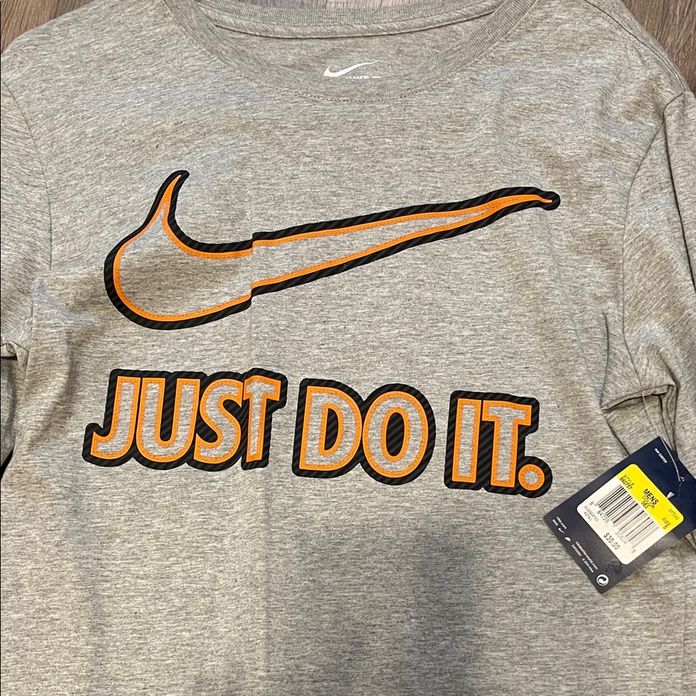 Nike Gray Tee with Orange Swoosh and Text